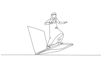 Cartoon of arab businessman riding laptop. metaphor for technology used in business. Continuous line art