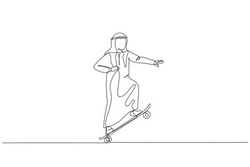 Drawing of arab businessman stand and moving with skateboard. metaphor for business style. Continuous line art style