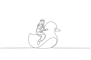 Drawing of arab businessman riding rubber duck. metaphor for vacation. Single continuous line art style
