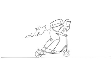Drawing of arab businessman riding scooter with jet engine. metaphor for business speed. Single continuous line art style
