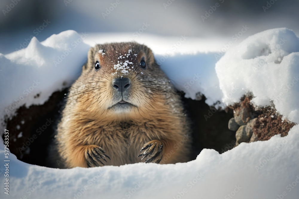 Wall mural Ground hog checking for his shadow generative ai