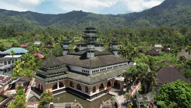 Aerial view of Raya Bayur Mosque Largest Masjid in Nagari Bayu. Islamic background Mosque