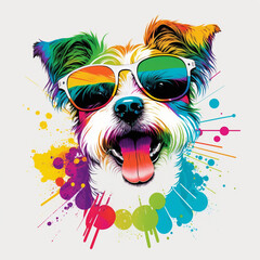 Graphic of a cute happy dog, wearing sunglasses, detail design, colorful, contour, white background Generative AI