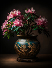 Naklejka na ściany i meble Image of a beautiful and sophisticated vase with azalea flowers on a wooden table created by Generative AI