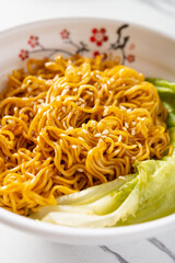 angle view bowl of noodles with cabbage vertical composition