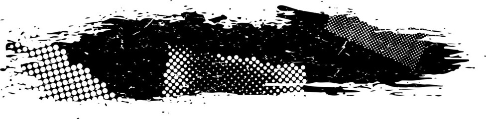 Black grungy paint stripe. Distressed banner. Textured modern shape. Abstract backdrop. Paintbrush. Dry border. Vector illustration. Isolated. Scratch, grain, noise, grunge stamp