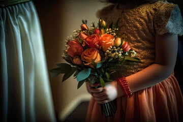 A girl with wedding flower vase