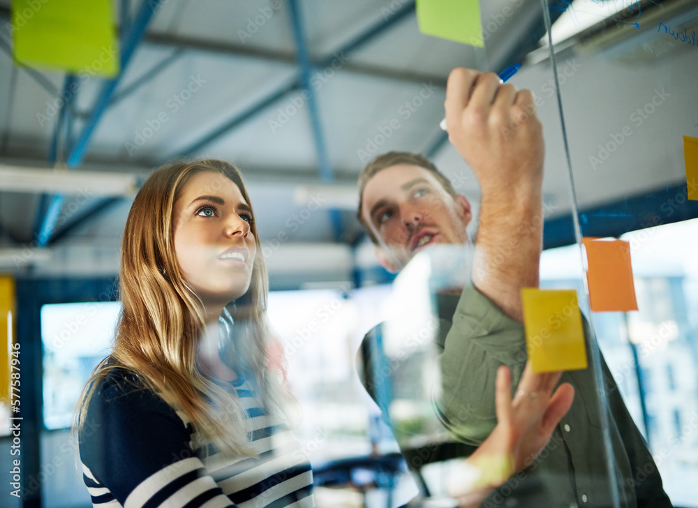 Fototapete Keeping business evolving with a creative brainstorming session. Shot of colleagues having a brainstorming session with sticky notes at work.