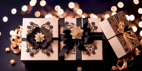 Luxury gift boxes with patterns and black ribbon, on blurred background with bokeh, concept for holidays. Generative AI