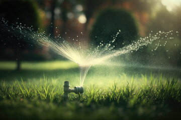 Sprinkler in Park Spraying Water on Lush Green Grass
