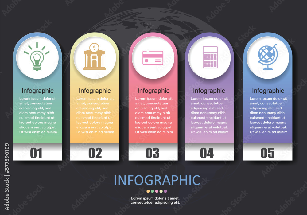 Poster vector infographic with 5 vertical data storage space with white buttons showing 5 types of icons on