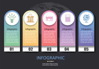Vector infographic with 5 vertical data storage space with white buttons showing 5 types of icons on black gray background.Used as a presentation of financial and business education for understanding.
