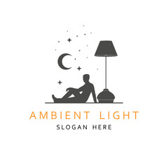 Floor lamp logo. Template of electric torchere for interior design, energy furniture business branding. Home equipment in modern style. Businessman relaxing near torchere. Crescent moon and stars