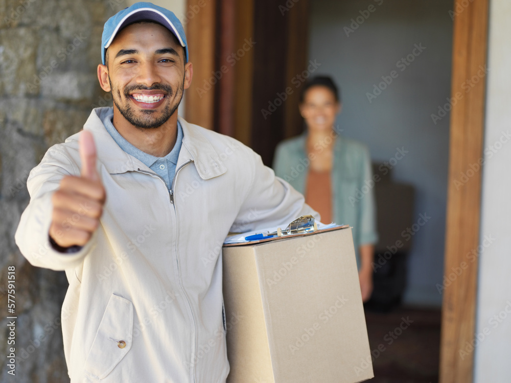 Poster you can count on us to get your packages delivered. portrait of a smiling young courier giving a thu