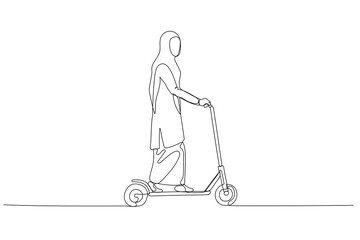 Cartoon of muslim woman riding scooter. metaphor for eco friendly transportation. Single line art style