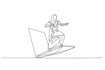 Obraz na płótnie Canvas Drawing of muslim woman riding laptop. metaphor for technology used in business. One line style art