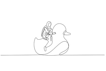 Cartoon of muslim woman riding rubber duck. metaphor for vacation. One line art style