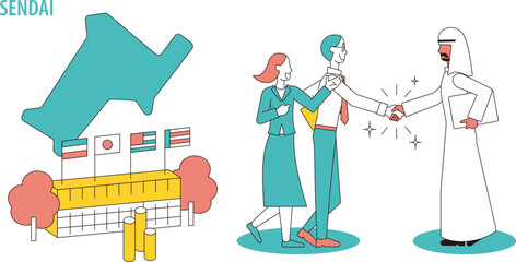 日本の仙台で行われる国際会議に訪れるビジネスマン（アラブ系）