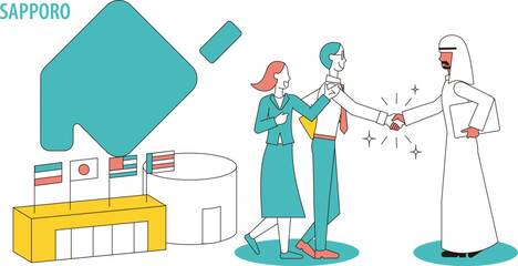 日本の札幌で行われる国際会議に訪れるビジネスマン（アラブ系）