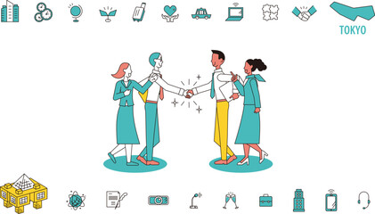 日本の東京で行われる国際会議に訪れるビジネスマンとアイコンのセット