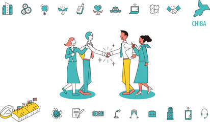 日本の千葉で行われる国際会議に訪れるビジネスマンとアイコンのセット