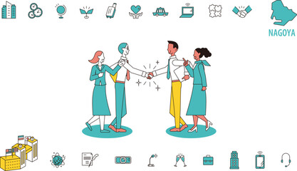 日本の名古屋で行われる国際会議に訪れるビジネスマンとアイコンのセット