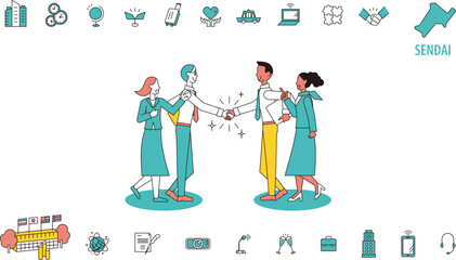 日本の仙台で行われる国際会議に訪れるビジネスマンとアイコンのセット