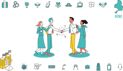 日本の神戸で行われる国際会議に訪れるビジネスマンとアイコンのセット