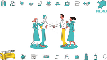 日本の福岡で行われる国際会議に訪れるビジネスマンとアイコンのセット