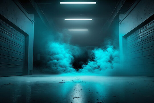 Neon Blue Lit Empty Warehouse Scene With Clouds Of Smoke  Rising From The Floor With Spotlighting Coming From Above And A Reflective Floor Grunge Texture, Ai Generated