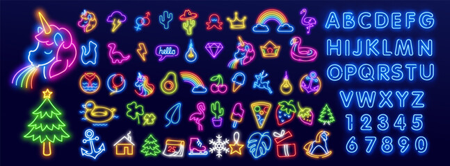 Pop art icons set. Pop art neon sign. Bright signboard, light banner. Neon isolated icon, emblem. Heart, diamond, pizza, smile, hand, ice cream, star, donut and unicorn vector neon icon - 577592306