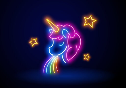 Vector realistic isolated neon retro sign of unicorn for decoration and covering on the wall background.