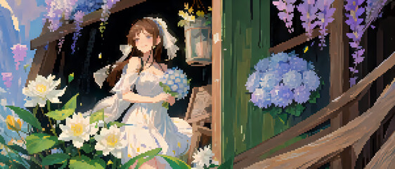 Girl in wedding dress. pixelart.Japanese game style.ウェディングドレスの少女。ドット絵