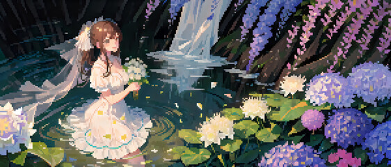 Fototapeta na wymiar Girl in wedding dress. pixelart.Japanese game style.ウェディングドレスの少女。ドット絵