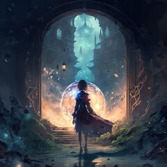 A Beautiful Anime Girl in the Distance uses Magical Powers to Break into Ancient Magic - obrazy, fototapety, plakaty