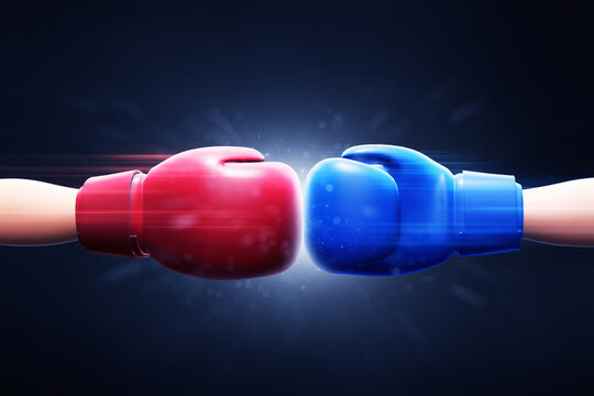 Red boxing gloves versus blue boxing gloves on 3d illustration