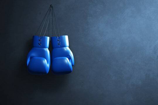 Blue boxing gloves hanging 3d illustration