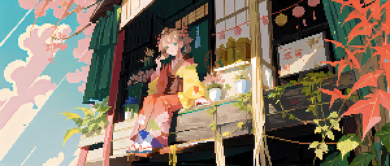  Scenery of old Japan. Fantasy style pixelart.昔の日本の風景。ファンタジースタイルのピクセルアート