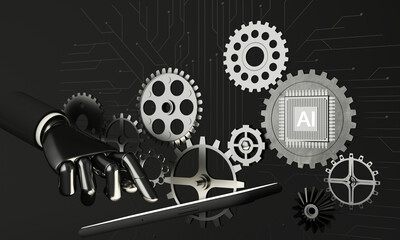 Artificial intelligence (AI) data mining, deep learning computer technologies. Futuristic Cyber Technology Innovation. Brain representing artificial intelligence with cog gear dark tone. 3d rendering