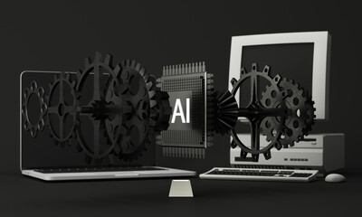 Artificial intelligence (AI) data mining, deep learning computer technologies. Futuristic Cyber Technology Innovation. Brain representing artificial intelligence with cog gear dark tone. 3d rendering