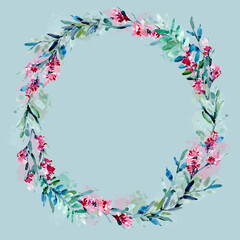 A wreath of watercolor pink flowers on a blue background. Round floral text frame. Wedding background wreath of flower buds and leaves