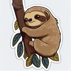 Obraz premium Sloth hanging from a tree cute sticker, created with Generative AI technology