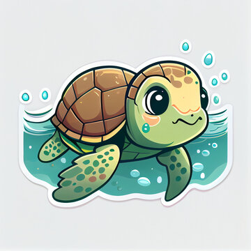 Turtle swimming cute sticker, created with Generative AI technology
