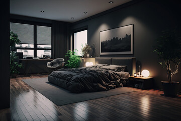 Modern luxury style bedroom interior with gray and dark,  wooden walls, wooden floor, master bed, and a wardrobe with clothes, Artificial light generative AI