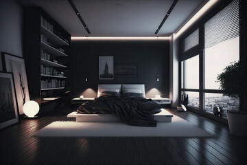 Modern luxury style bedroom interior with gray and dark,  wooden walls, wooden floor, master bed, and a wardrobe with clothes, Artificial light generative AI