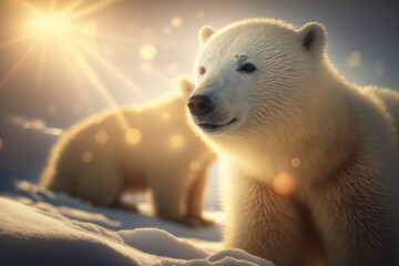 Obraz na płótnie Canvas Polar bear at antarctica on sunset sky abstract background. Animal and nature environment concept. Generative ai