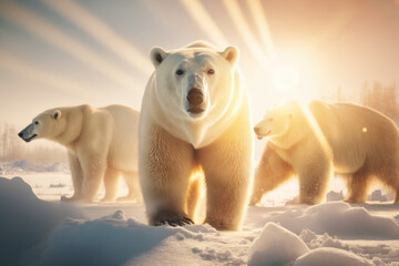 Obraz na płótnie Canvas Polar bear at antarctica on sunset sky abstract background. Animal and nature environment concept. Generative ai