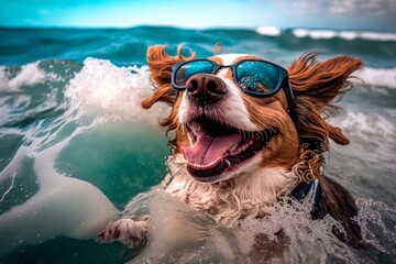 cute happy dog wearing sunglasses having fun with water on the beach, generative ai