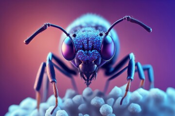 extreme ant macro photography on blue and purple background, generative ai