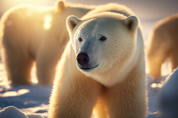 Polar bear at antarctica on sunset sky abstract background. Animal and nature environment concept. Generative ai